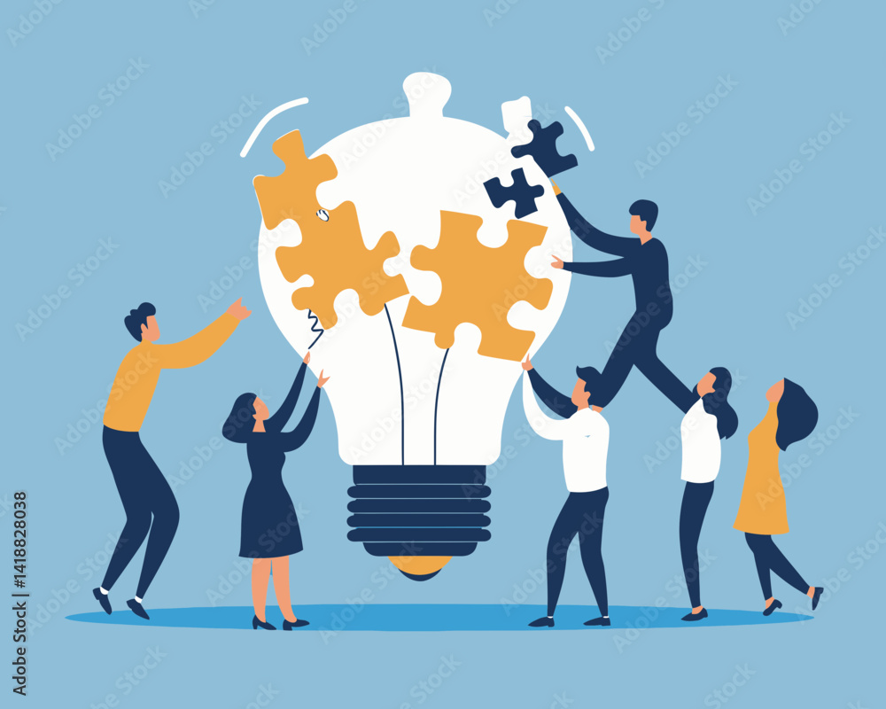 Poster business team collaboration and strategy planning concept illustration for problem solving and succe