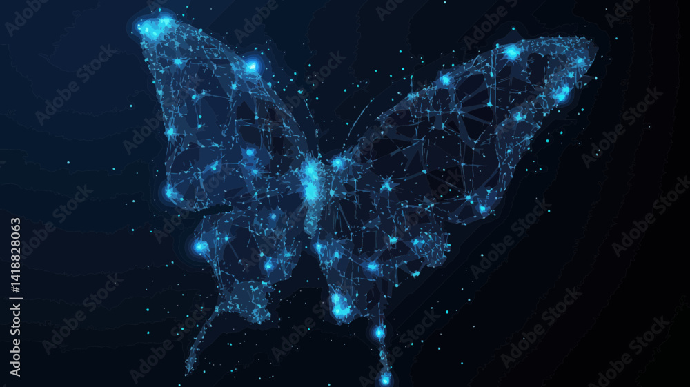 Poster low poly polygon butterfly with wireframe technology structure in starry sky abstract vector