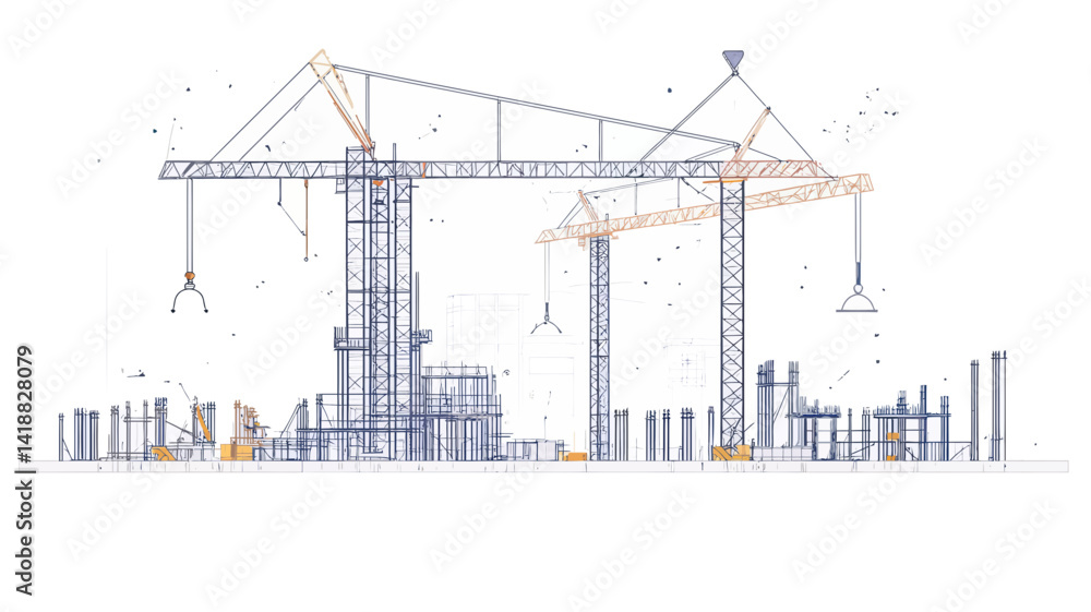 Poster abstract vector illustration of construction site with tower cranes in city, minimalist polygonal de