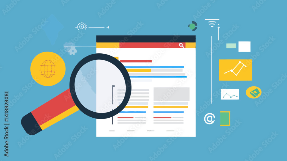 Poster seo optimization vector illustration - modern flat design concept of improving search results with m
