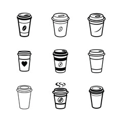  a black outline vector set of a disposable coffee cup icons.