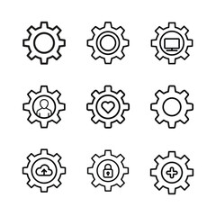 a black outline gear icons set on a white background.