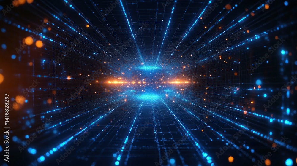 Aufkleber futuristic digital grid with glowing neon blue lines and dots high speed data transfer cyberspace ne