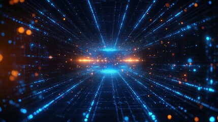 Futuristic digital grid with glowing neon blue lines and dots high speed data transfer cyberspace network technology sci fi background