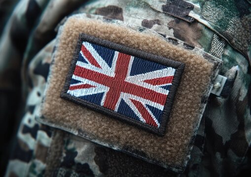 Close-up of military uniform arm with British flag patch camouflage fabric texture soldier protection service security