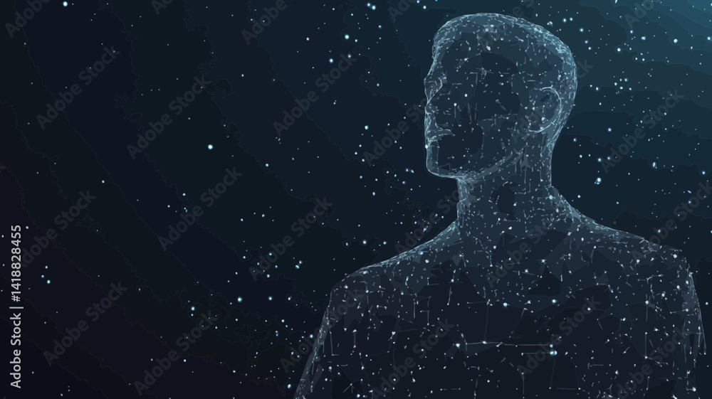 Aufkleber low poly wireframe human figure with starry sky background - minimalist vector with points and lines