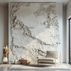 Interior with textured wall art and modern armchair setting