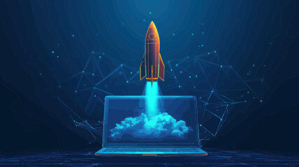 Abstract Rocket Launching from Laptop Screen with Wireframe Smoke, 3D Low Poly Startup and Boosting Concept on Technological Blue Background, Flat Minimalist SVG Vector Illustration