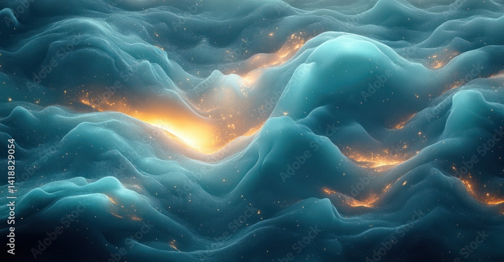 Poster smooth abstract fluid waves in blue and green with soft glowing light and dynamic flow