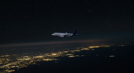 Airplane Flying Above City Lights at Night Under Starry Sky