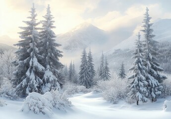 Fototapeta premium Winter snowy forest with fir trees and distant mountains in cold serene landscape