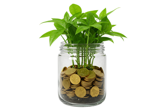 Jar of money plant economy green on transparent background png, 