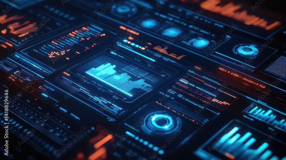 Poster futuristic blue neon data analytics dashboard with holographic charts graphs and visualizations for 