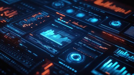 Futuristic blue neon data analytics dashboard with holographic charts graphs and visualizations for business finance investment technology and market analysis