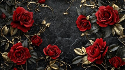 Dark stone background with red roses and gold vines