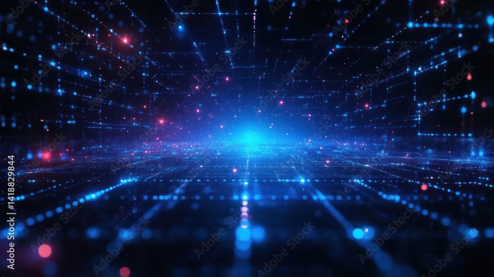 Poster futuristic digital network with glowing neon lines and dots high speed data transfer in cyber space 