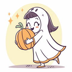 A chibi-style ghost girl hugging a small pumpkin tightly, with a shy smile and sparkles around.