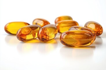 Closeup of translucent amber and yellow omega 3 fish oil capsules on white background