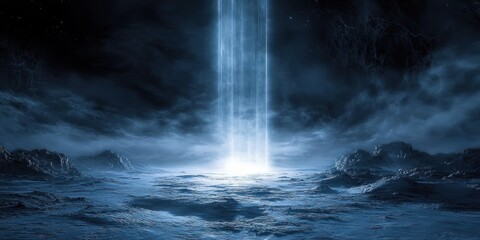 Surreal sci-fi icy landscape with glowing vertical light beams fog atmospheric cinematic lighting wide-angle hyper-detailed textures
