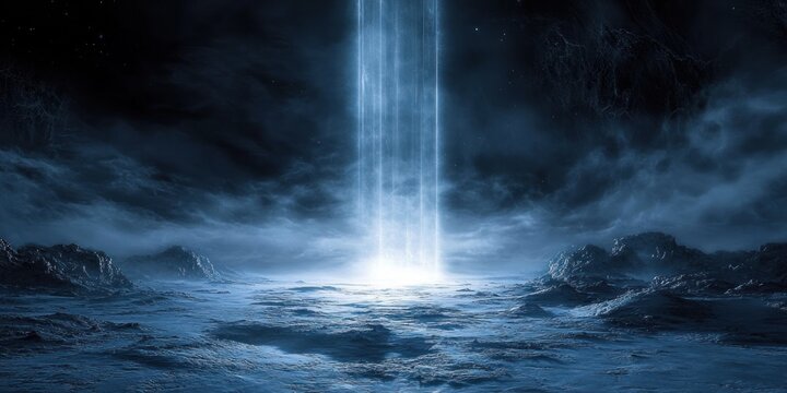 Surreal sci-fi icy landscape with glowing vertical light beams fog atmospheric cinematic lighting wide-angle hyper-detailed textures