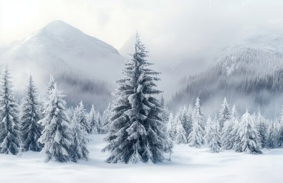 Winter landscape with snow covered pine trees and majestic mountains in a serene fir forest
