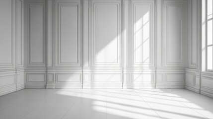 Fototapeta premium White ornate wainscoting fills the room with bright sunlight