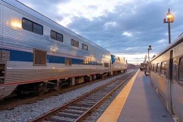 Fototapeta premium Passenger Train Arrives at Station Platform during Sunset, Scenic Railway Transportation