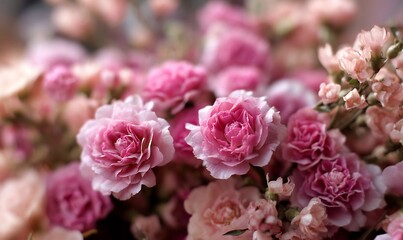 Obraz premium Close-up of a bouquet of delicate, pastel pink roses and other flowers