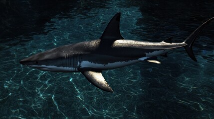 Great white shark swimming in dark aquarium water