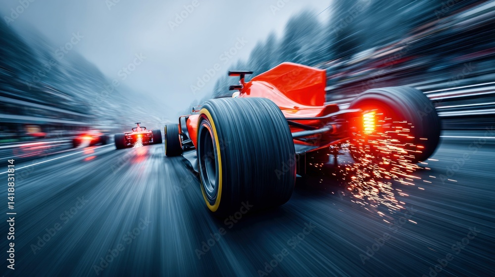 Poster a dynamic shot capturing the thrilling speed of a formula 1 race. the red car kicks up sparks, addin