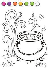 Coloring Page Cauldron with Magical Swirls and Stars