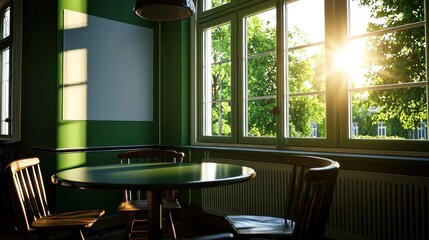 Sunny cafe interior with large window overlooking trees