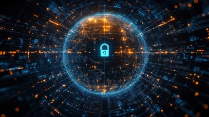 Digital Security Lock Icon with Holographic Globe and Network, Cybersecurity, Data Protection, Global Network, High-Speed Internet, Big Data Analysis, Cyber Technology