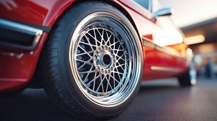 A close-up shot showcases the shiny rim and tire of a classic red car, exuding elegance and style. The car is beautifully illuminated.