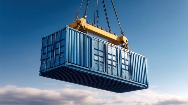 A blue cargo container suspended in the air by a crane, showcasing international shipping and logistics against a blue sky.