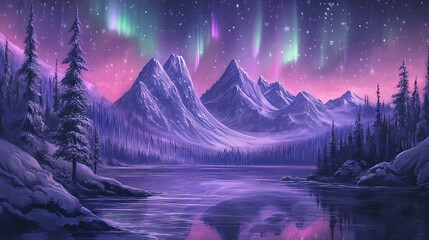 Fototapeta premium Stunning Aurora Borealis over Snowy Mountain Landscape