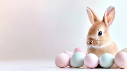 A cute bunny sits next to pastel-colored Easter eggs, creating a soft and festive atmosphere. Perfect for spring celebrations and themed content.