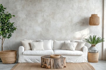 Bright living room features rustic elements and natural textures