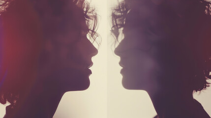 Two gender-neutral silhouettes facing each other with a single androgynous face in sharp focus, representing fluid identity and diversity concepts.