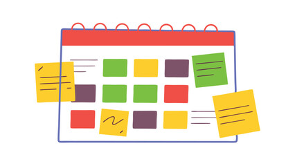 marketing calendar and sticky notes on white background