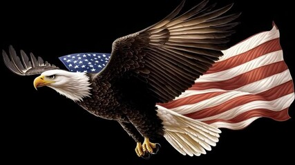 Majestic Eagle Soaring with American Flag in the Background, Symbol of Freedom and Patriotism in Nature