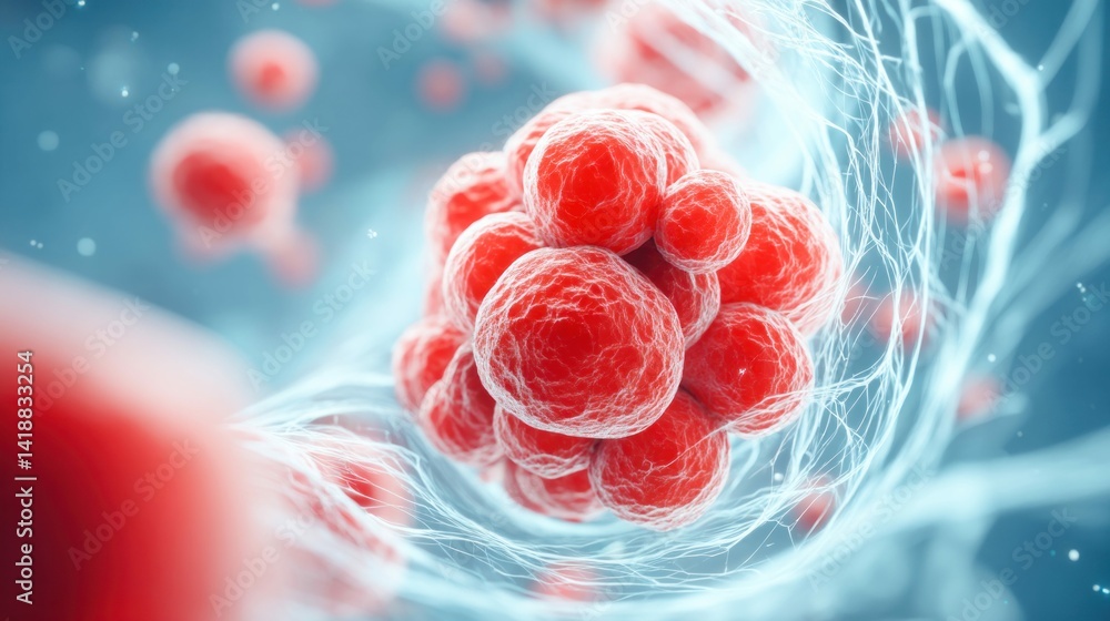 Poster an artistic rendering of a cluster of red cells suspended in a vibrant blue environment.
