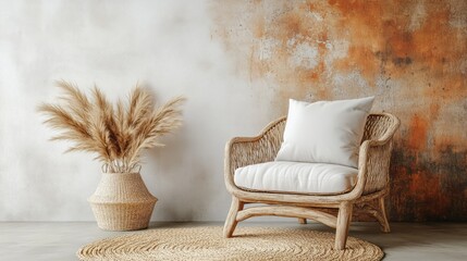 Interior features a wicker chair and pampas grass decoration