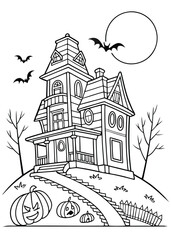 Fototapeta premium Haunted House Halloween Coloring Page Illustration