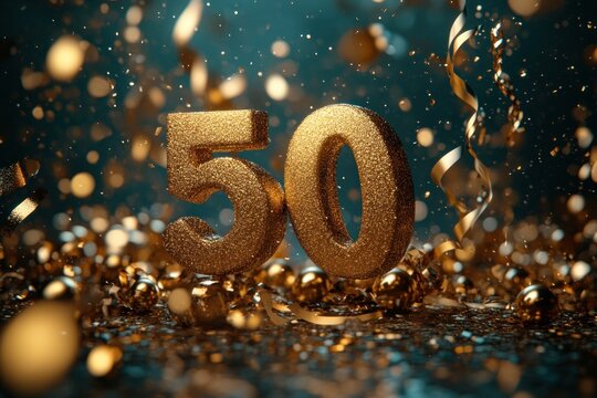 50th Anniversary Celebration with Golden Numbers and Confetti on Dark Teal Background Luxury Party Invitation Design - Powered by Adobe