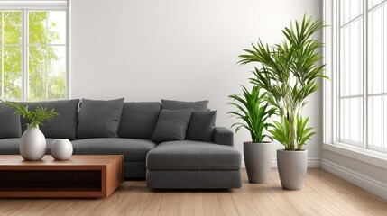 Fototapeta premium Modern living room with gray sectional sofa, wooden coffee table, and lush green plants by windows