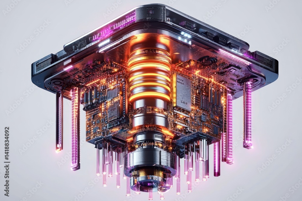 Poster quantum computer processor with metallic gold and silver mechanism isolated on white background futu