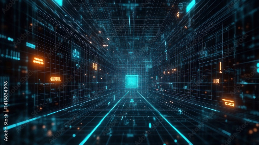 Aufkleber futuristic digital cyberpunk grid with neon teal glowing network connections and high speed internet