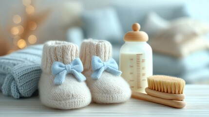 Close-up of baby booties with blue bows and a bottle, ready for a little one's arrival.