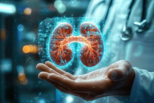 Doctor analyzing glowing kidney hologram with futuristic medical technology for diagnosis treatment and healthcare innovation